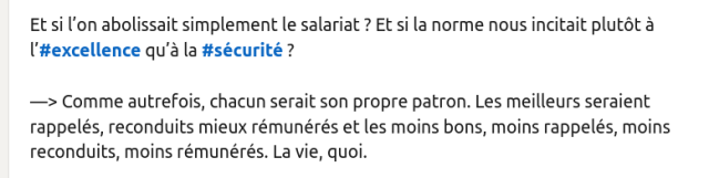 
Et si l’on abolissait simplement le salariat ? Et si la norme nous incitait plutôt à l’#excellence qu’à la #sécurité ?

—> Comme autrefois, chacun serait son propre patron. Les meilleurs seraient rappelés, reconduits mieux rémunérés et les moins bons, moins rappelés, moins reconduits, moins rémunérés. La vie, quoi. 