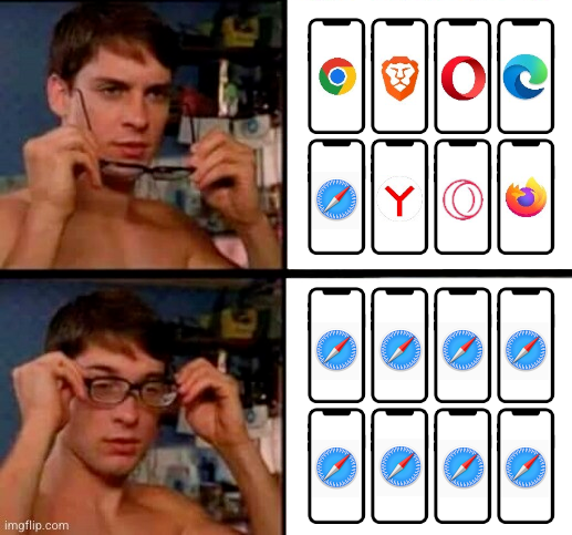 A white man with glasses off looks at a stylised collection of iPhones, each of which shows a browser logo: Chrome, Firefox, Brave, Safari, Opera, Opera GX, Edge, Yandex. Below that, the same man looks through his glasses to see the same stylised collection of iPhones but now each has the Safari logo.