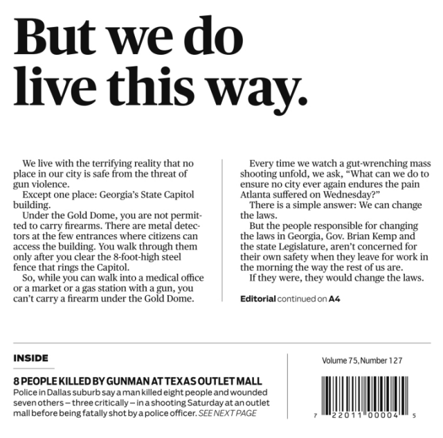  "But we do live this way. We live with the terrifying reality that no place in our city is safe from the threat of gun violence. Except one place: Georgia's State Capitol building."