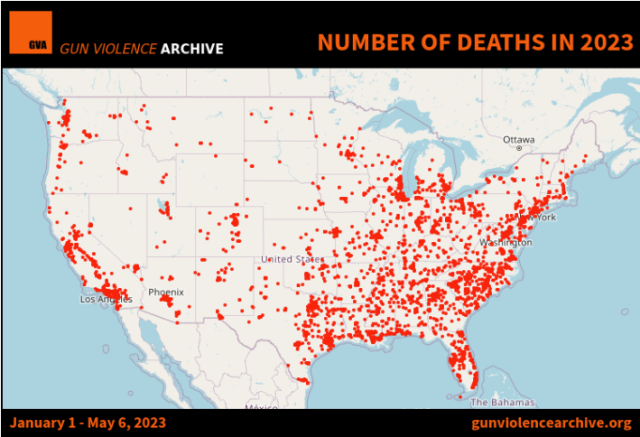A map of the United States, splattered with red dots. The headline reads "Gun Violence Archive: Number of deaths in 2023"