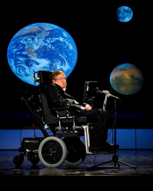 Stephen Hawking gives a talk during NASA's 50th anniversary celebrations at George Washington University