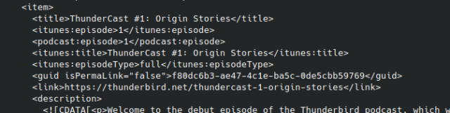 Screenshot of part of the RSS XML for the Thunderbird podcast feed.