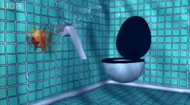 SCREENCAP: A CGI fish escaping from a toilet bowl in a flooded bathroom. It's the title sequence to a business news programme. Obviously.