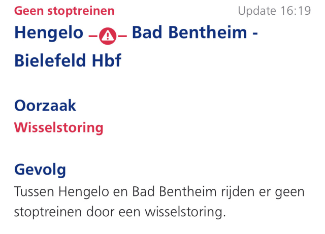 Screenshot from the NS app. “Geen stoptreinen; oorzaak: wisselstoring.”