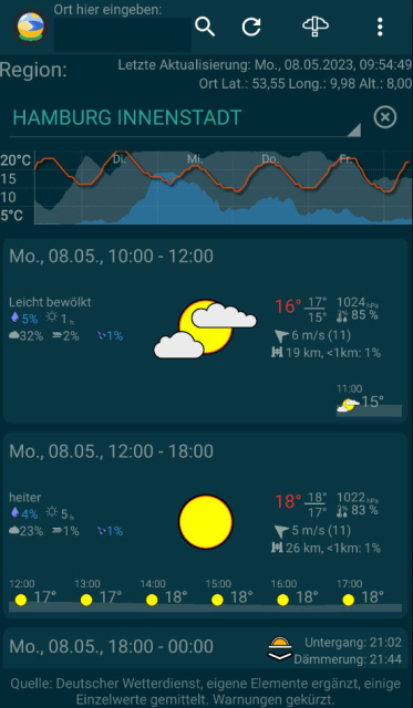 Screenshot der App #TinyWeatherForecastGermany. Zeigt eine Wettervorhersage für Hamburg Innenstadt, 08.05., 10:00 - 12:00 leicht bewölkt, 12:00 - 18:00 heiter.