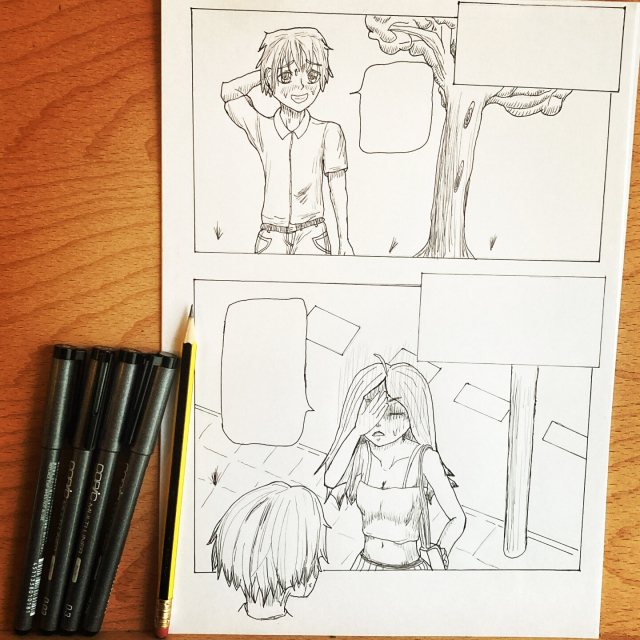 Two panel manga page. Boy at the top and girl at the bottom. Empty message bubbles.