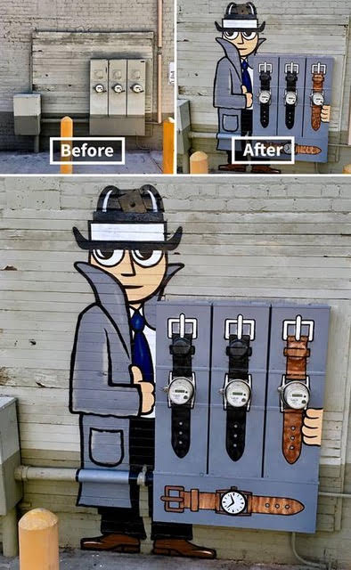 A row of meters on a wall is transformed by paint to look like a guy in a trench coat holding out a row of watches