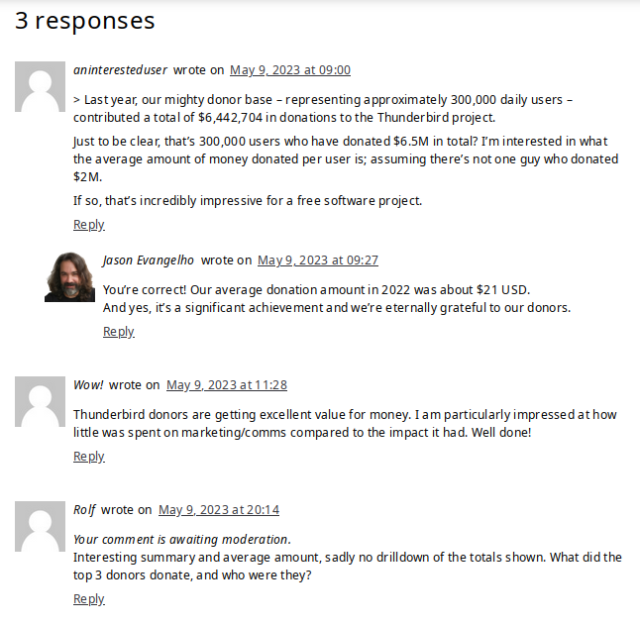 Blog comment "What did the top 3 donors donate, and who were they?", marked as "Your comment is awaiting moderation"