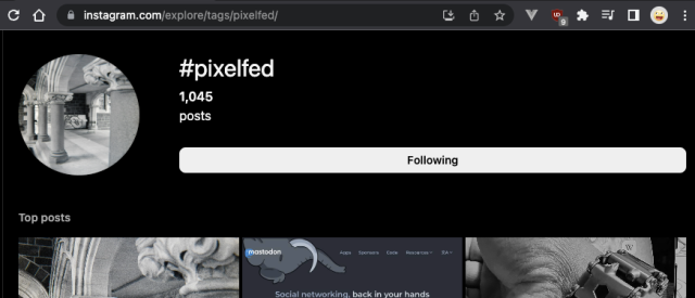 Instagram explore page with #pixelfed showing posts as expected, we'd expect either of the previous images for the #joinpixelfed hashtag