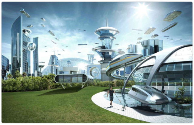 A techno-utopia, with flying cars, green fields, and towers of crystal and steel, all powered for free by the drama generated by Minecraft user and mod communities