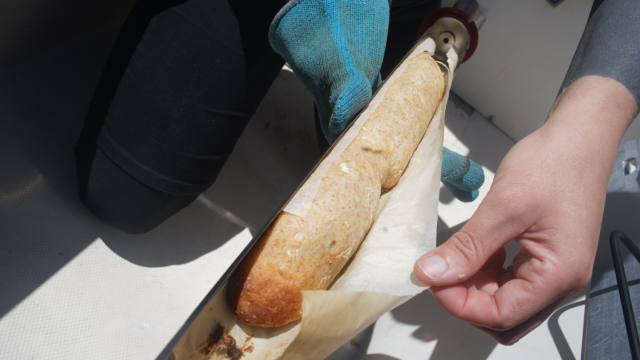 A small baguette in a solar oven tray.