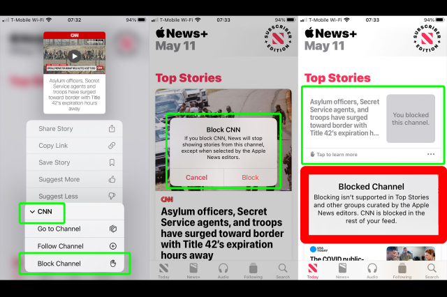 Apple News app user interface showing how to block a channel (CNN in this example) and that even after blocking it, the content still shows up partially in the top stories section.