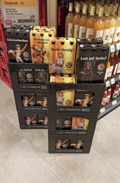 It’s a very horney beer brand with foxes on the packaging and innuendo slogans like “Lust auf Sechs?”