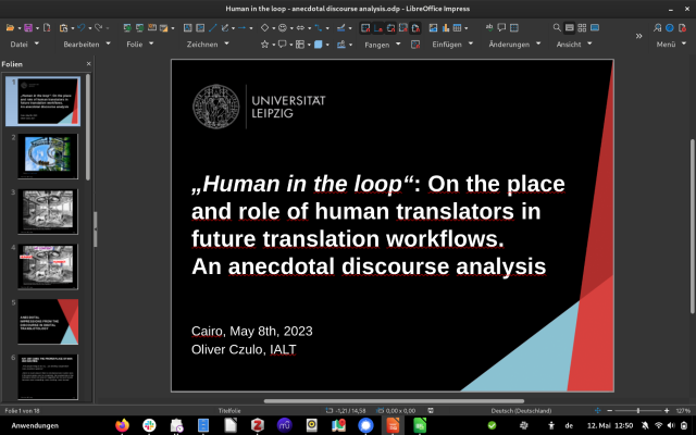 A LibreOffice Impress window in dark mode and with CoLibre svg+dark icon style. The window shows the title slide of a presentation on "the place and role of human translators in future translation workflows".