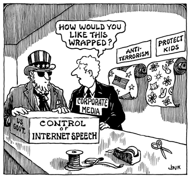 Picture of a politician with an unwrapped present stating 'Control of Internet Speech'. Corporate media asking: How would you like this wrapped?

Options: Anti-terrorism & Protect kids

