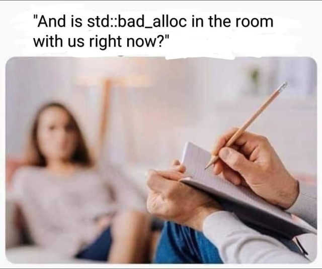 The therapist meme (you see someone taking notes in the foreground, and in the blurry background someone with long hair is resting on a couch probably)

The therapist is saying: "And is std::bad_alloc in the room with us right now?"