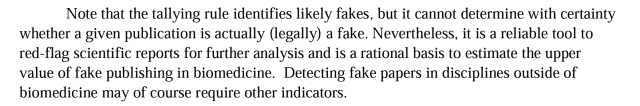 Note that the tallying rule identifies likely fakes, but it cannot determine with certainty whether a given publication is actually (legally) a fake. Nevertheless, it is a reliable tool to red-flag scientific reports for further analysis and is a rational basis to estimate the upper value of fake publishing in biomedicine. Detecting fake papers in disciplines outside of biomedicine may of course require other indicators. 