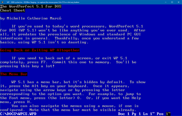 A screenshot of a DOSBox running WordPerfect 5.1 for DOS in a window. A “cheat sheet” document I authored is open, which is supposed to prove that I know my way around the program.