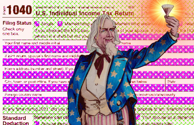 A vintage drawing of Uncle Sam toasting with a glass of Champagne, superimposed over an IRS 1040 form that has been fuzzed into a distorted halftone pattern.