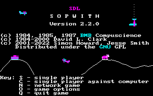 Screenshot of SDL Sopwith Version 2.2.0

(c) 1984, 1985, 1987 BMB Compuscience
(c) 1984-2000 David L. Clark
(c) 2001-2022 Simon Howard, Jesse Smith
Distributed under the GNU GPL