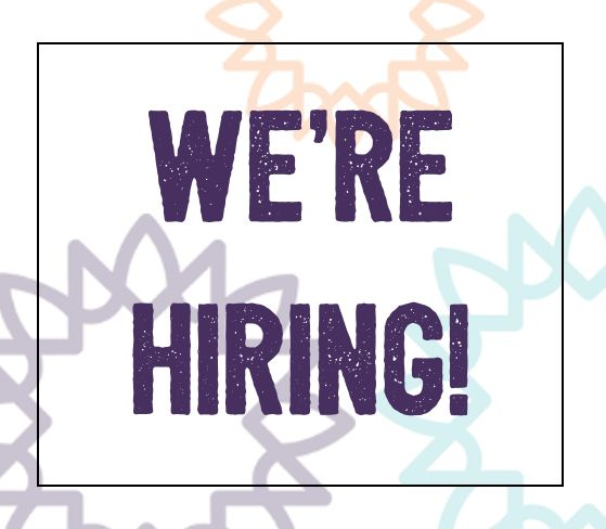 We’re Hiring text in purple with sunburst decorations