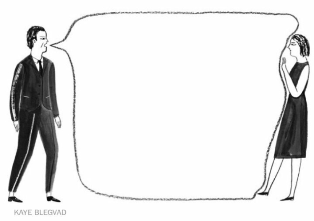 A cartoon man on one side of the frame with a very large speech bubble expanding to take up all the rest of the frame except for a small area where there is a cartoon woman.