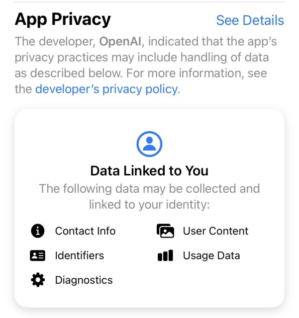 App privacy settings for ChatGPT app, requesting a boatload of personally identifiable information