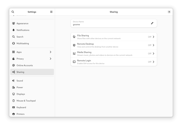 Screenshot of Settings app showing "Sharing" menu