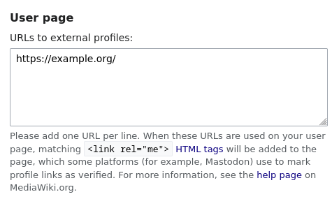 Screenshot of a form field labeled "URLs to external profiles:" that has "https://example.org/" in it.