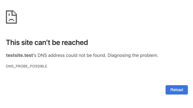Error page for the not-found page on Firefox. Text reads "This site can’t be reachedtestsite.test’s DNS address could not be found. Diagnosing the problem.
DNS_PROBE_POSSIBLE" with a button that says "Reload"