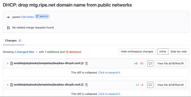 A screenshot of gitlab showing a commit titled: "DHCP: drop mtg.ripe.net domain name from public networks"

The commit changes two files, ansible/playbooks/templates/kea/kea-dhcp4.conf.j2 and ansible/playbooks/templates/kea/kea-dhcp6.conf.j2