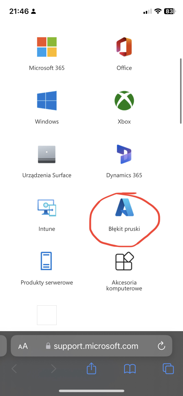 Screenshot strony supportu firmy Microsoft. Nazwę serwisu Azure przetłumaczono na „Błękit pruski”
