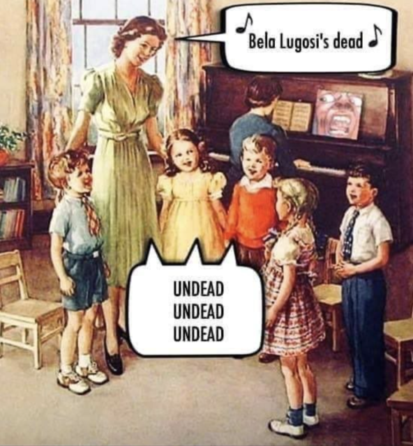 Classic 50s-era domestic scene of a woman surrounded by 5 children, and another woman at a nearby piano. The standing woman is singing "Bela Lugosi's dead" and the children are repeating the refrain "undead undead undead"