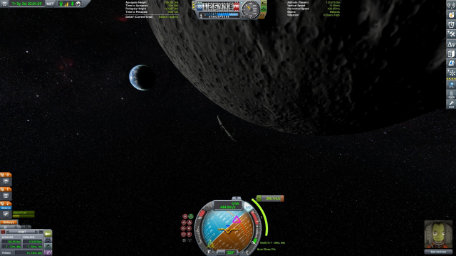 The Kerbal Space Program main UI, showing a space ship orbiting the far side of the moon of Kerbin, and Kerbin in the background