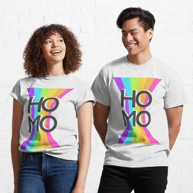 stock photo of models wearing a white shirt with a bright vertical rainbow reading HOMO