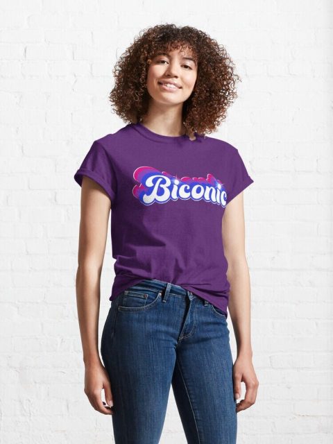 stock model wearing a dark purple t-shirt reading Biconic