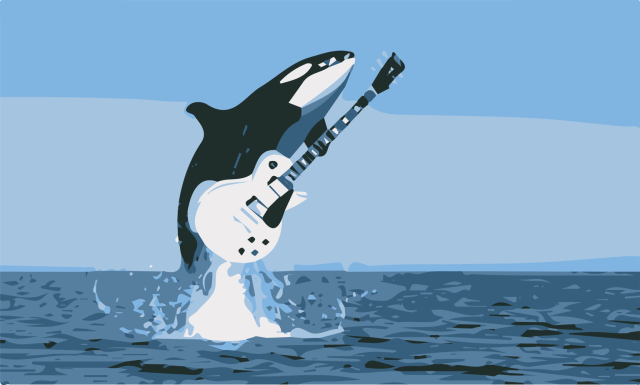 Stylized picture of an orca leaping out of the water holding a large white electric guitar in its fins 