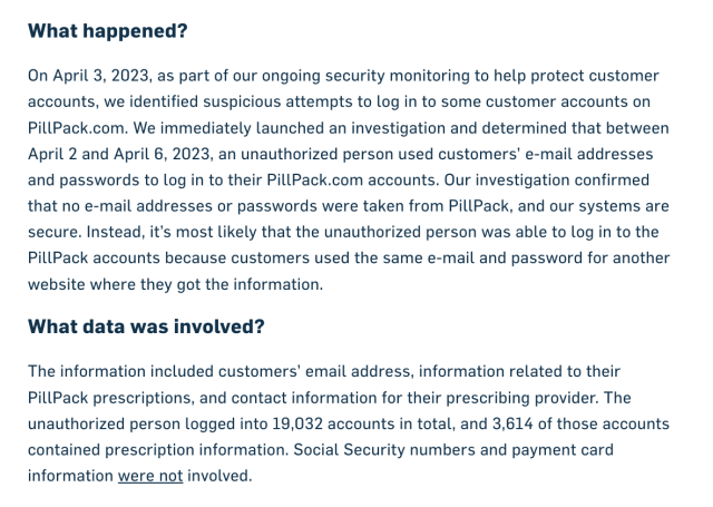 a portion of the data breach notice by PillPack, which says: "The unauthorized person logged into 19,032 accounts in total, and 3,614 of those accounts contained prescription information."