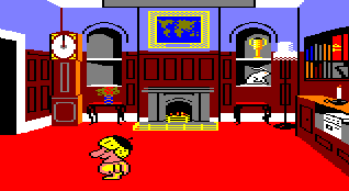screenshot from Trivial Pursuit on the Amstrad CPC, showing an old, visibly British study/office (not dissimilar to what you'd see in 10 Downing Street) and a mascot/character in the foreground: chubby, big nose, blonde hair that looks surprisingly like Boris Johnson