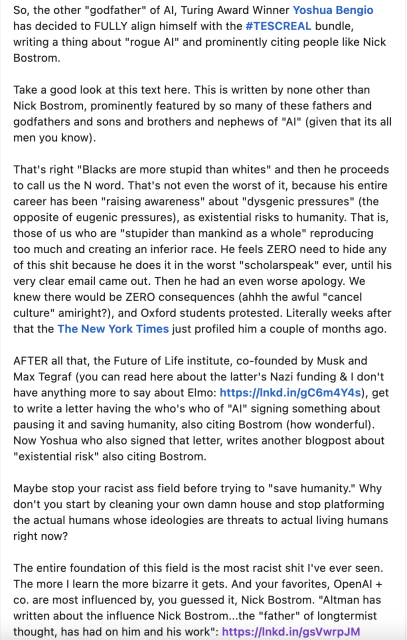 Screenshot of a linked in post, which is also reproduced in this twitter thread: https://twitter.com/timnitGebru/status/1661181993915121665