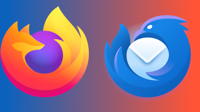 The Firefox logo on the left (looking right), and the new Thunderbird logo on the right (looking to the left)
A blue to orange gradient moving from left to right.