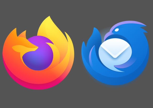 The current Firefox logo (an orange and yellow panda encircling a globe representing the internet) next to the upcoming redesigned Thunderbird logo (a blue and purple elemental bird encircling an envelope). 
