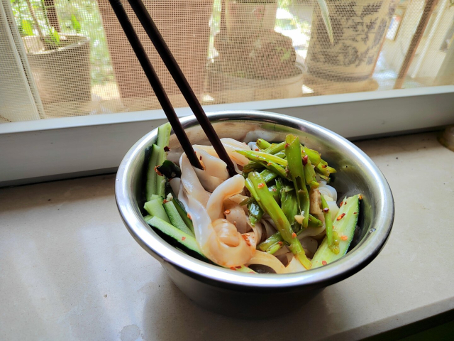 A picture of a metal bowl on a narrow window sill with plants outside the window as a backdrop.  The bowl contains noodles of sorts together with green beans, julienned cucumber, chili flakes, and a sauce staining it all reddish-brown (made of soy sauce, Shanxi vinegar, and a few other things).  Barely visible through a noodle loop at the bottom is also the presence of a preserved "century egg".