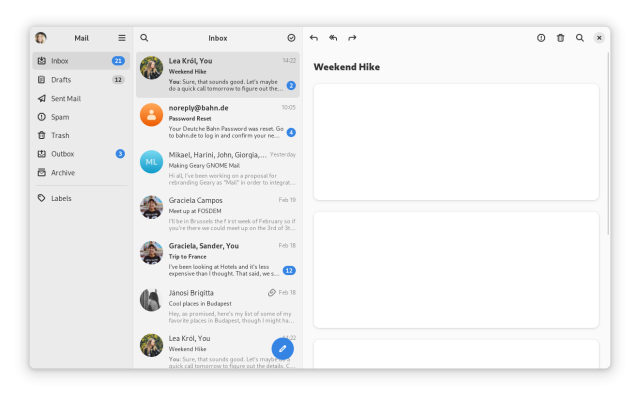Screenshot of a mockup of Geary implemented using libadwaita and split views in particular