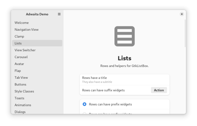 Screenshot of libadwaita demo with large text enabled. The boxed lists are a bit wider.