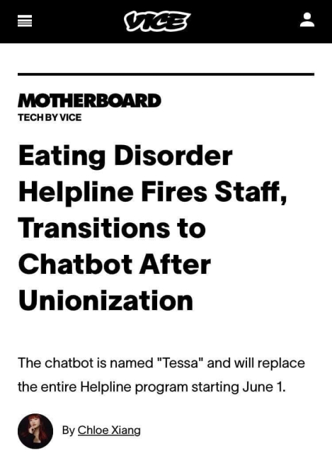 Eating disorder helpline fires staff to use Chatbot instead