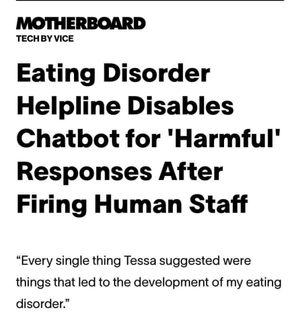 Eating disorder helpline disables Chatbot for harmful responses