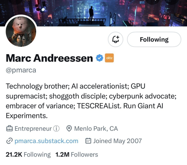 Twitter profile of one Marc Andreessen, describing himself (among others) as a "technology brother, AI accelerationsit, GPU supremacist, cyberpunk advocate, TESCREAList".