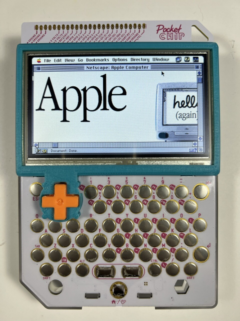 Apple home page from 1998 displayed in Netscape 2.0.2 showing the introduction of the iMac. It’s being displayed on a PocketCHIP. 
