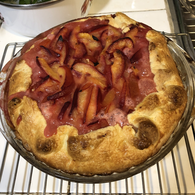 Una tarta de ciruelas frescas, recién salida del horno.